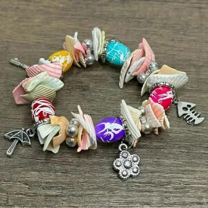 Vintage Colorful Shells Beads and Silver Tone Charms Bracelet